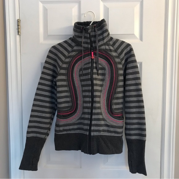 Lululemon size 6 grey stripe high neck sweatshirt with hot pink accents - Picture 1 of 6